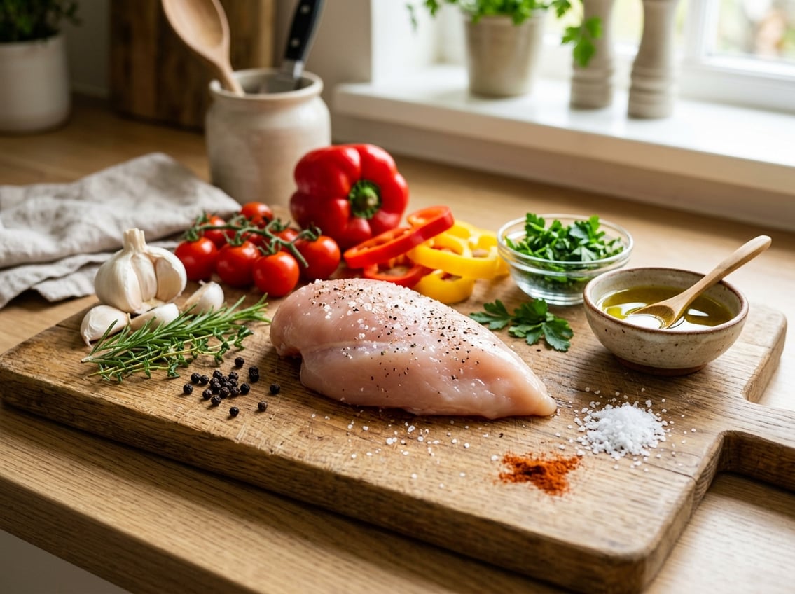 Raw chicken breast on a cutting board with fresh vegetables, herbs, and spices arranged around it on a kitchen countertop.