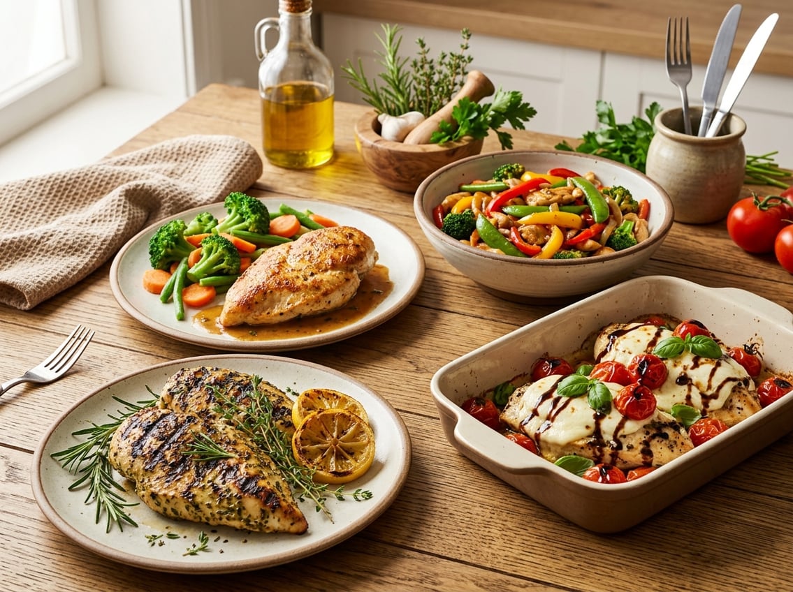A variety of cooked chicken breast dishes displayed on a wooden table, including grilled, pan-seared, baked, and stir-fried preparations with vegetables and herbs.