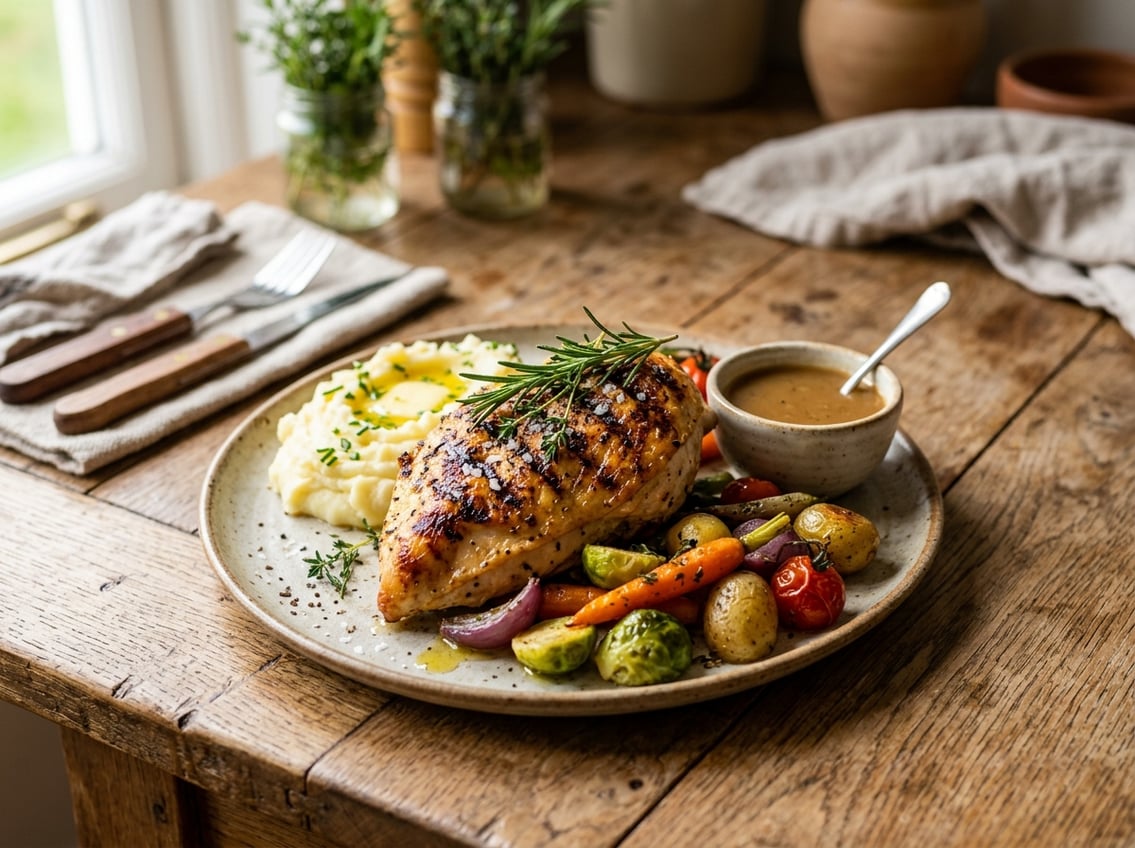 A plated chicken breast meal with roasted vegetables and mashed potatoes on a wooden table.