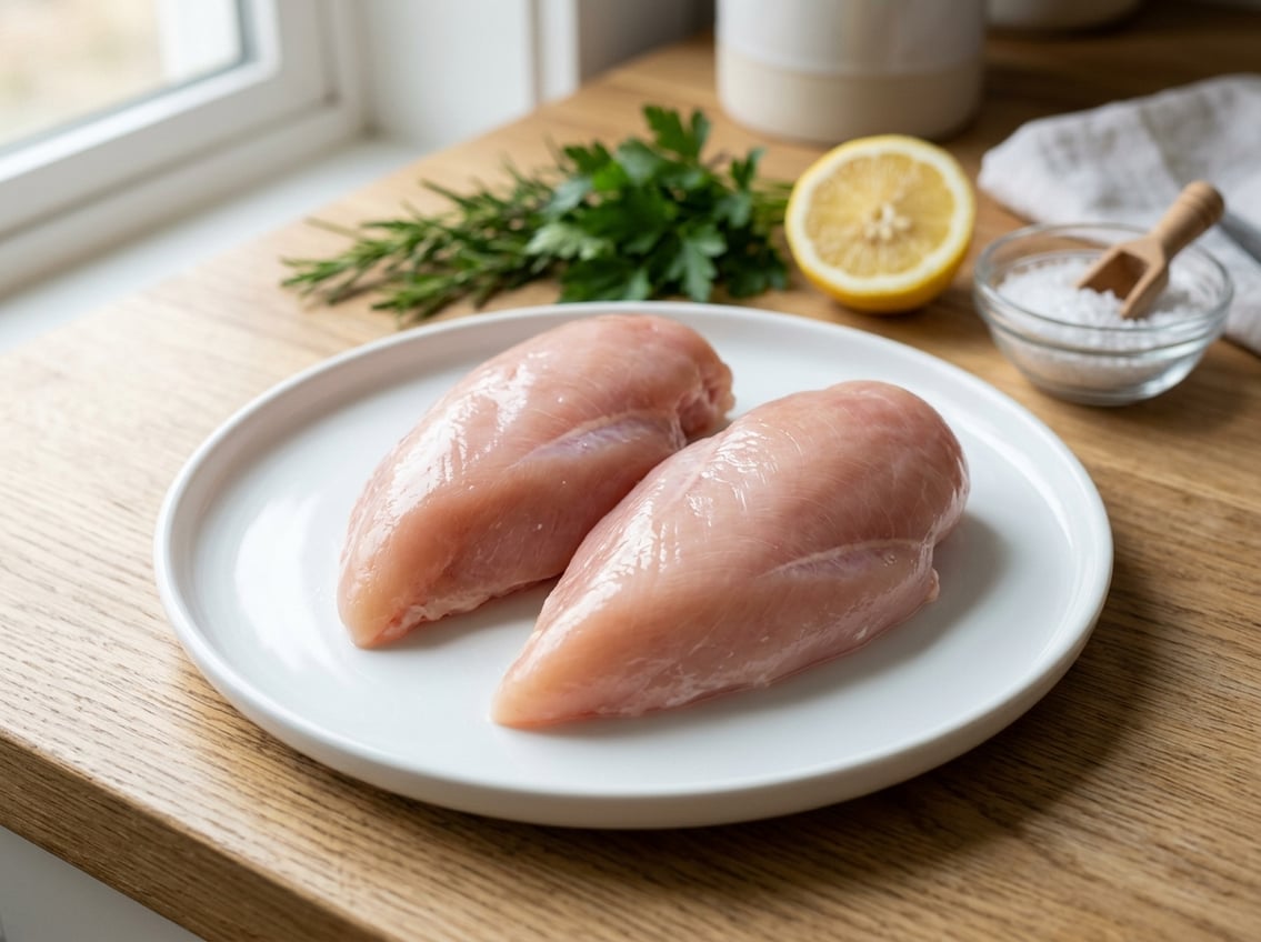 Fresh raw chicken breasts on a white plate on a wooden countertop with fresh herbs and lemon in the background.