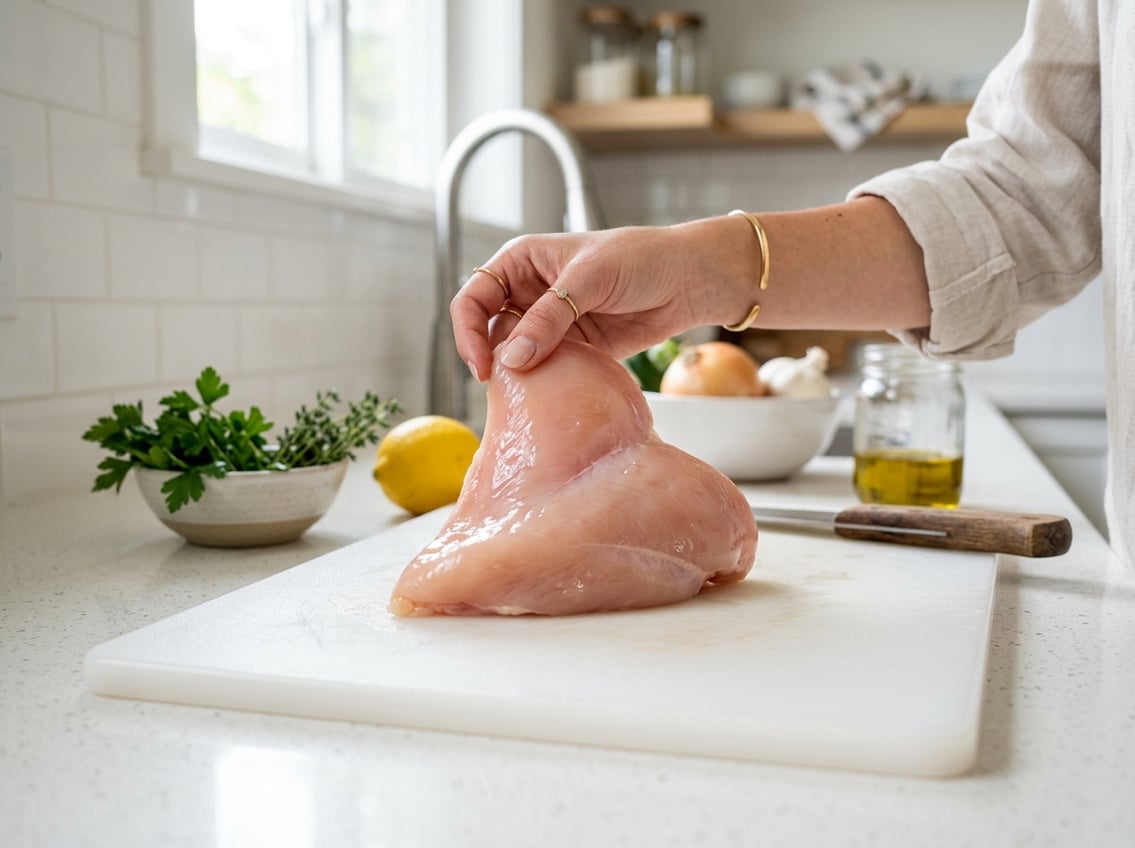 A person holding a raw chicken breast on a white cutting board in a bright kitchen.
