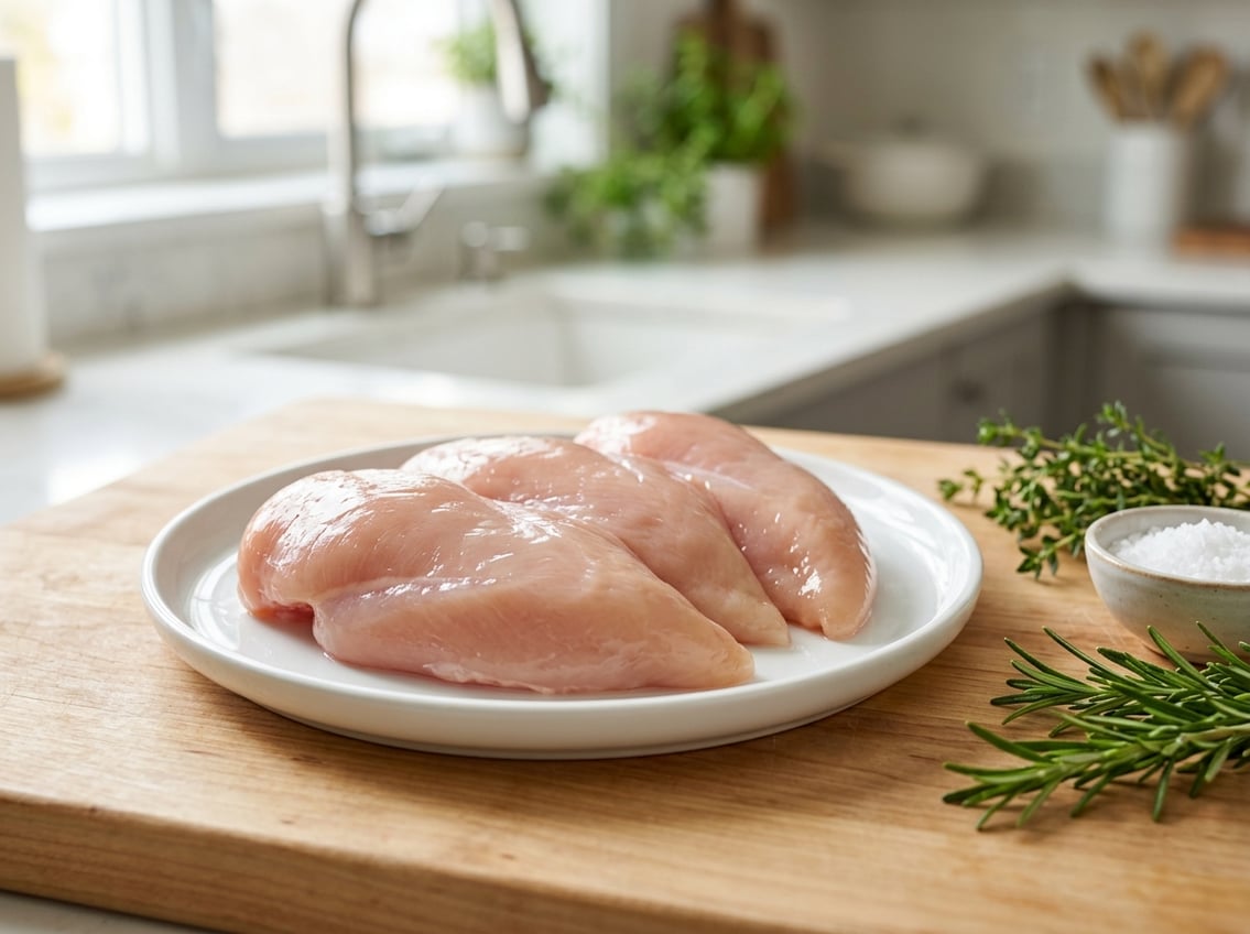 A plate with fresh raw chicken breasts surrounded by herbs and kitchen items on a countertop.