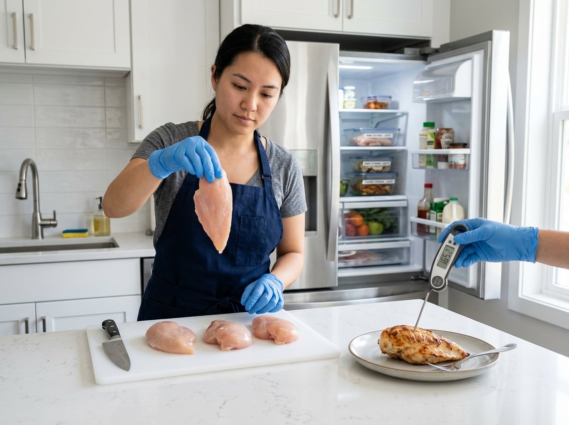 A person wearing gloves inspects raw chicken breasts on a cutting board in a clean kitchen with a refrigerator and a digital thermometer checking cooked chicken nearby.