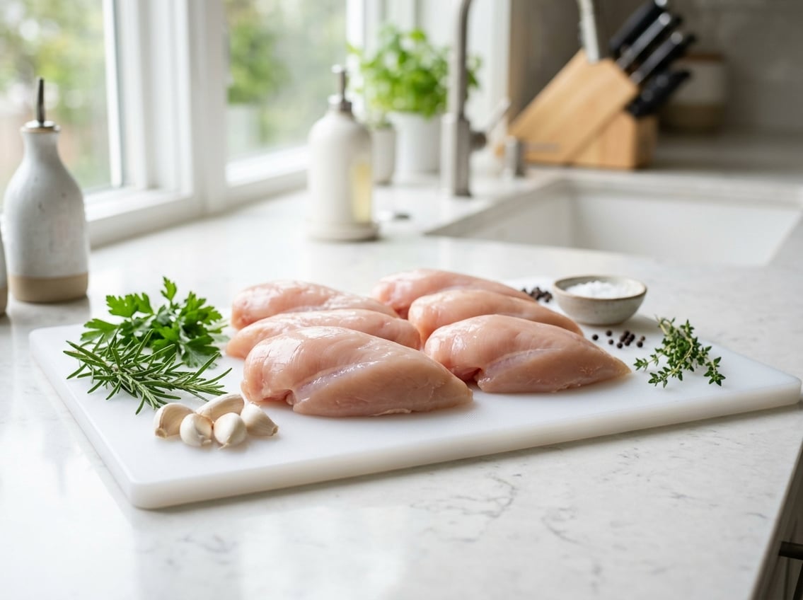 Raw chicken breast halves arranged on a white cutting board with fresh herbs and garlic on a kitchen countertop.
