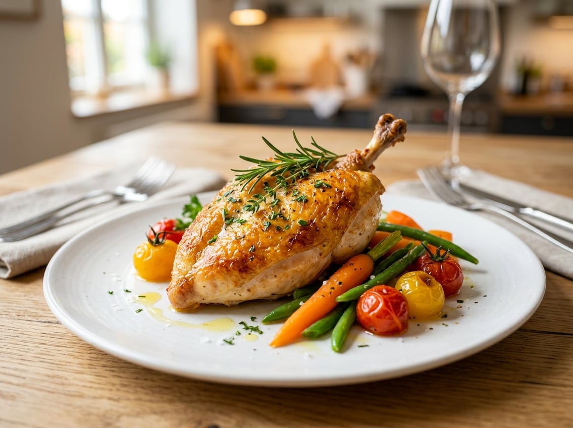 A plated airline chicken breast with crispy skin, garnished with herbs and served with steamed vegetables on a white plate.