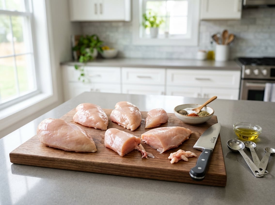 Raw chicken breast halves on a cutting board with kitchen tools on a countertop in a kitchen.