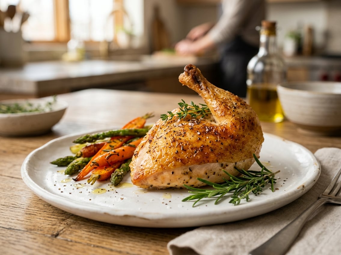 A cooked airline chicken breast with attached wing served on a white plate with roasted vegetables and herbs.