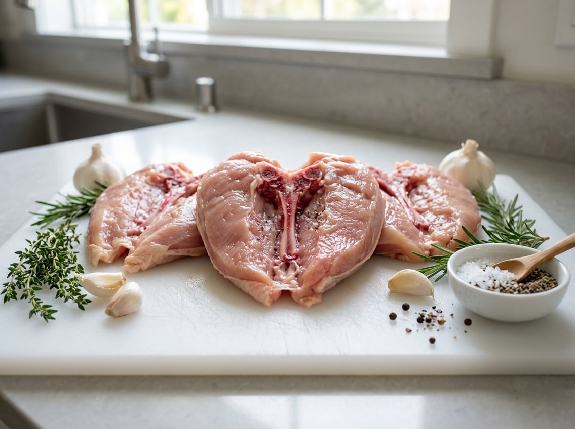 Close-up of raw split chicken breasts on a white cutting board with herbs and spices around them.