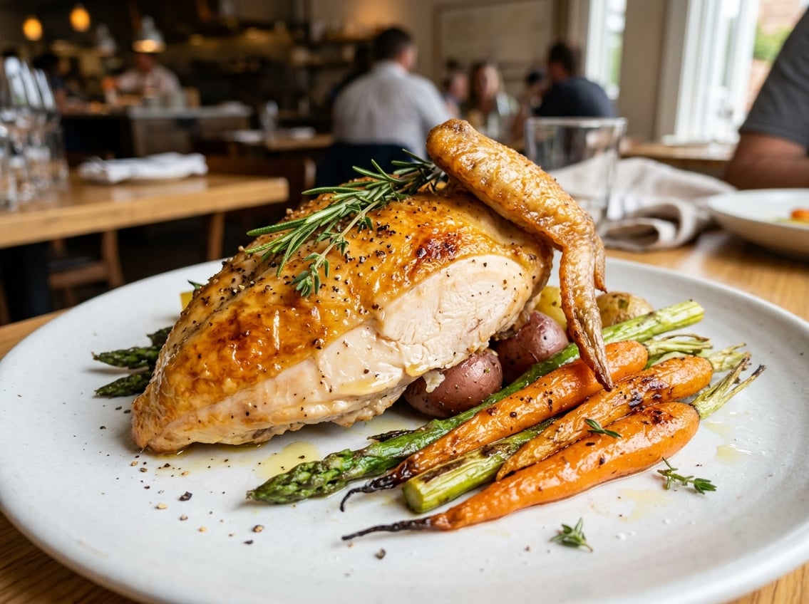 Close-up of a cooked airline chicken breast with wing bone on a plate, garnished with herbs and roasted vegetables.