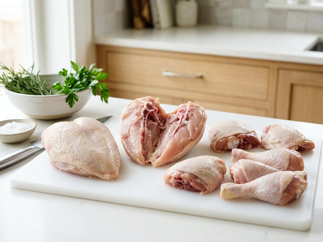Split chicken breast on a cutting board surrounded by various other chicken cuts on a kitchen countertop.