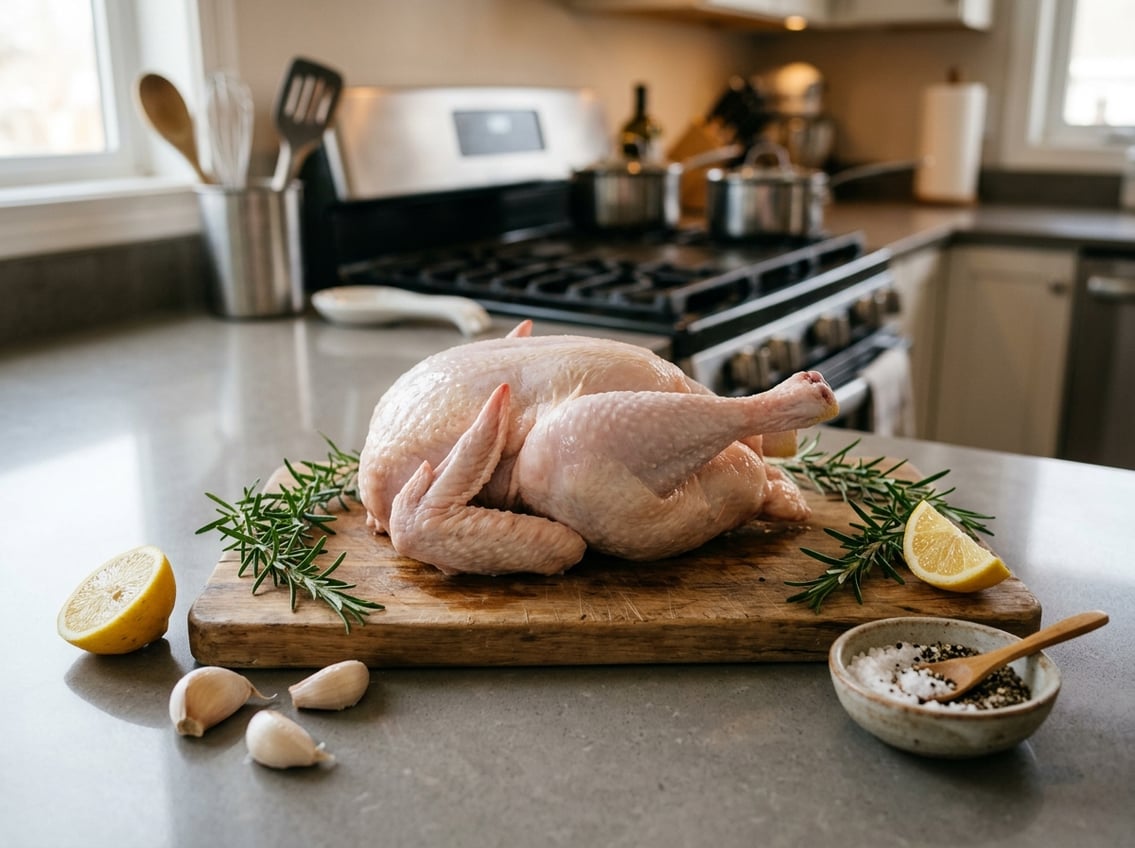 Raw airline chicken breast on a wooden cutting board surrounded by fresh herbs and cooking ingredients on a kitchen countertop.