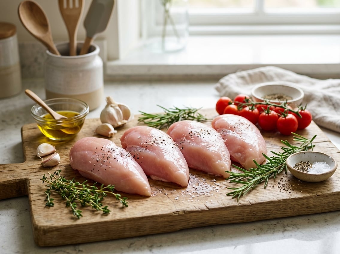 Raw chicken breast halves on a wooden cutting board surrounded by fresh herbs, garlic, cherry tomatoes, and olive oil in a kitchen setting.