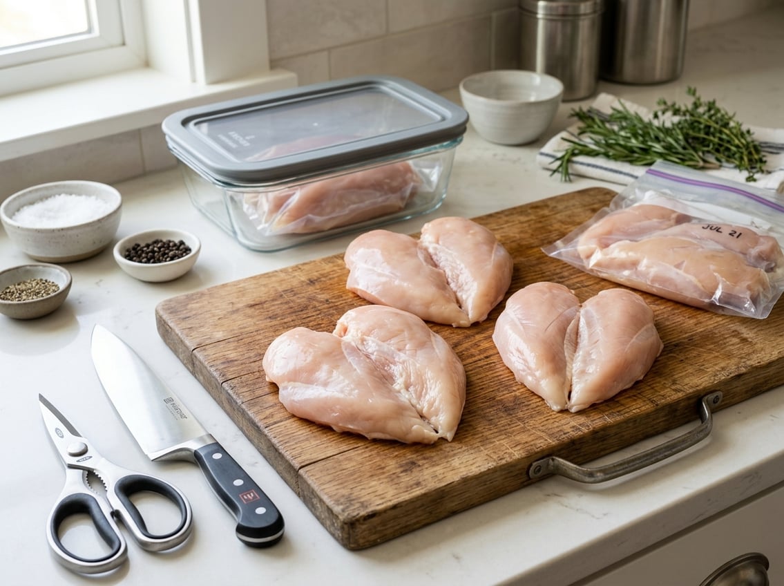 Fresh split chicken breasts on a cutting board with kitchen knife and storage containers on a kitchen countertop.