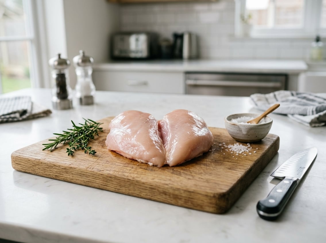 Raw split chicken breast on a wooden cutting board with herbs and a knife on a kitchen countertop.