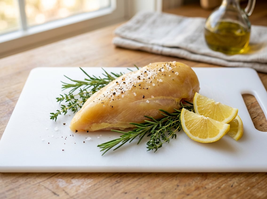 A raw chicken breast with a yellowish tint on a white cutting board surrounded by fresh herbs and lemon slices.