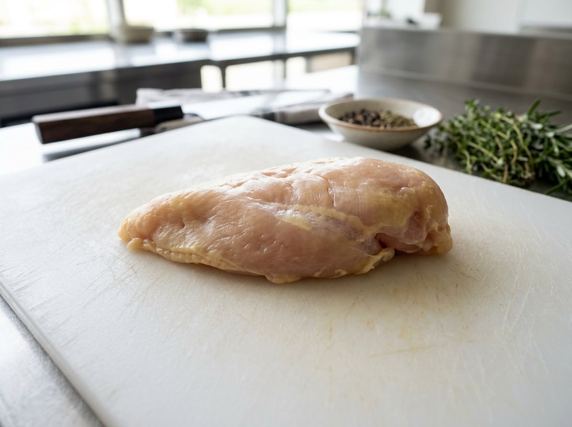 Close-up of a raw chicken breast with a yellowish tint on a white cutting board in a kitchen setting.