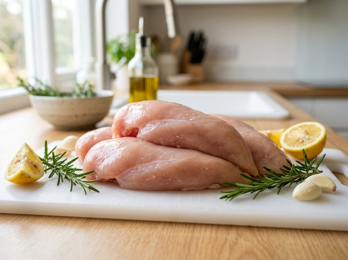 Close-up of fresh raw chicken breasts on a white cutting board with herbs and lemon in a bright kitchen.