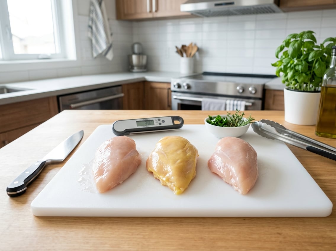 Raw chicken breasts on a cutting board in a clean kitchen, with one chicken breast showing a yellow tint, alongside kitchen tools.