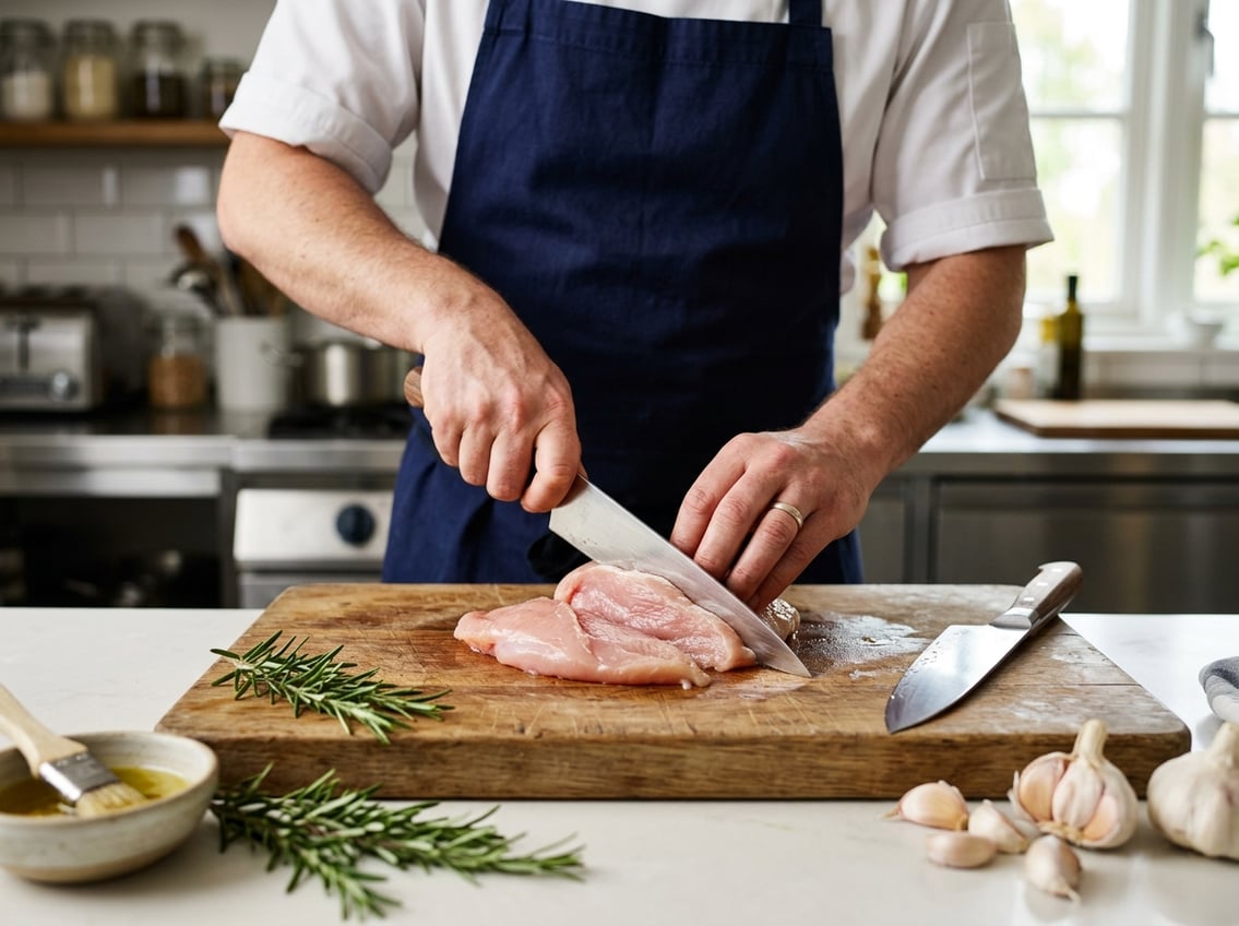 Hands butterfly-cutting a raw chicken breast on a wooden cutting board with fresh herbs and garlic nearby.