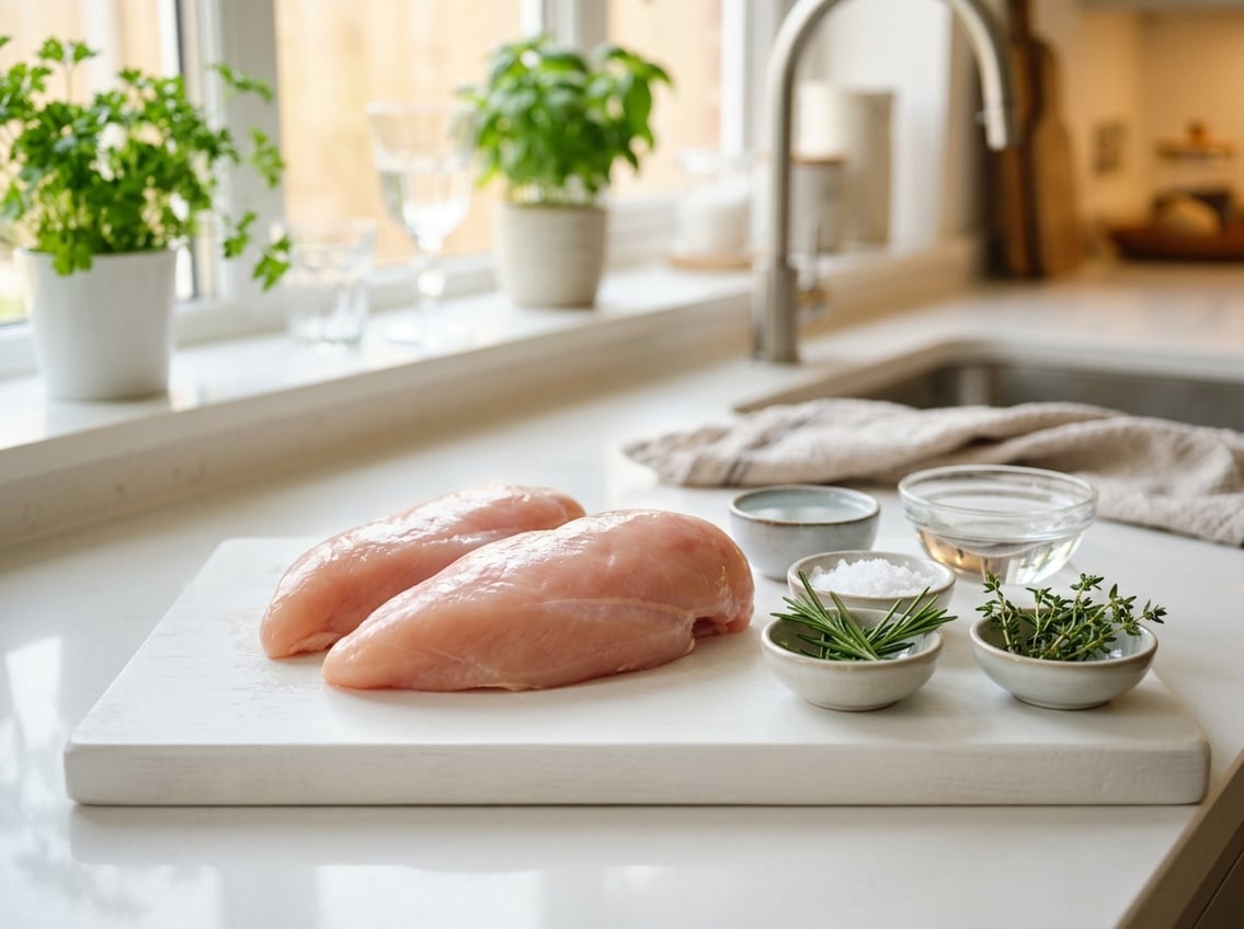 Close-up of raw chicken breasts on a cutting board with small bowls of salt, water, and herbs nearby in a kitchen.