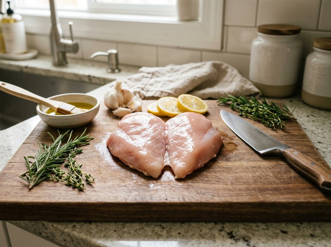 A raw chicken breast sliced open flat on a wooden cutting board with fresh herbs, garlic, lemon slices, and a chef's knife nearby in a kitchen setting.