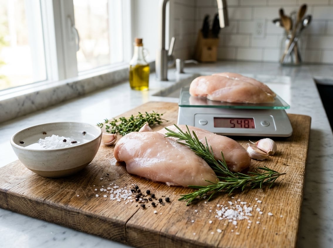 Close-up of raw chicken breasts on a cutting board with fresh herbs, a bowl of brine, and a kitchen scale in a bright kitchen.