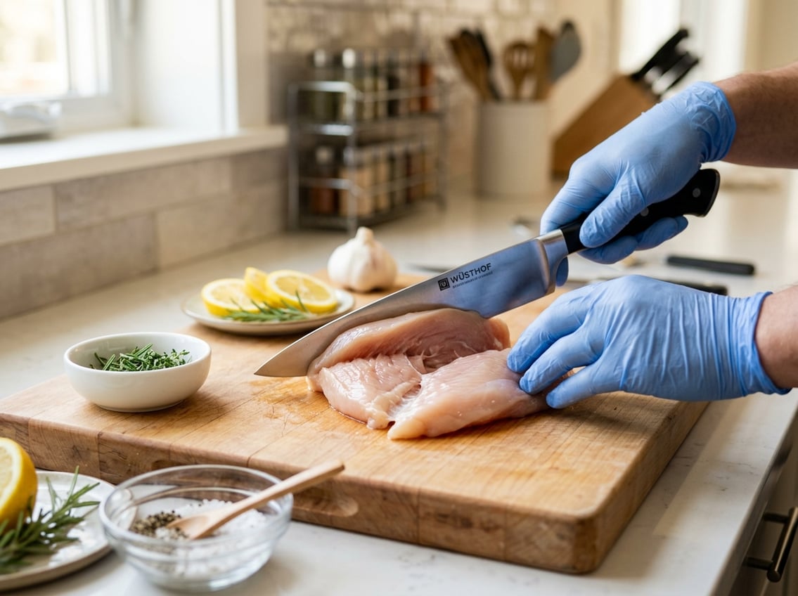 Close-up of a person slicing a raw chicken breast on a cutting board using the butterfly technique in a kitchen setting.