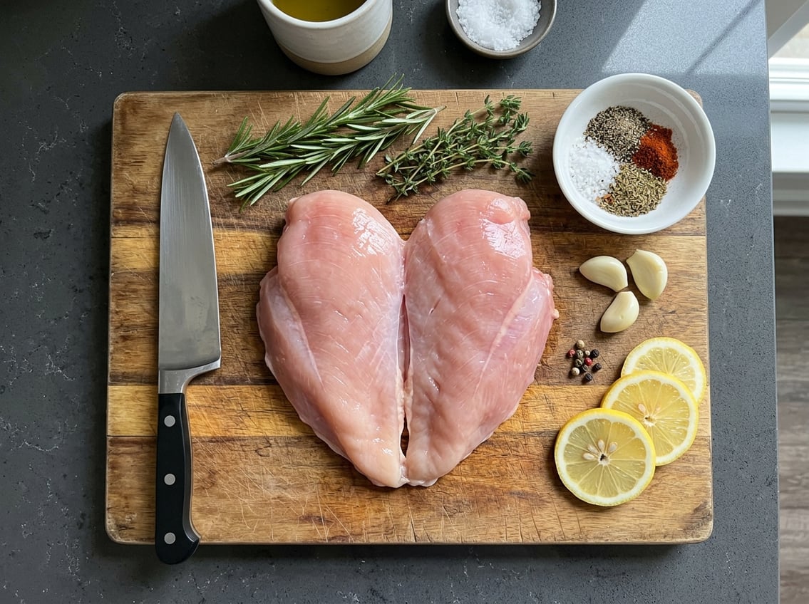 Top-down view of a butterfly-cut raw chicken breast on a cutting board surrounded by herbs, garlic, lemon slices, and a chef's knife.