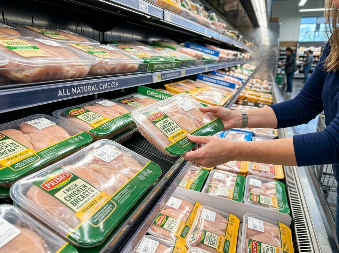 A shopper selecting packaged chicken breasts in a grocery store poultry section with neatly arranged refrigerated shelves.