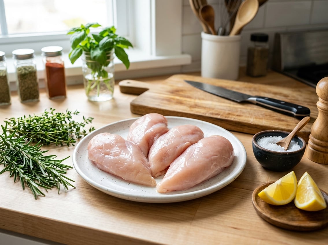 Fresh raw chicken breasts on a white plate with herbs and lemon on a kitchen countertop.