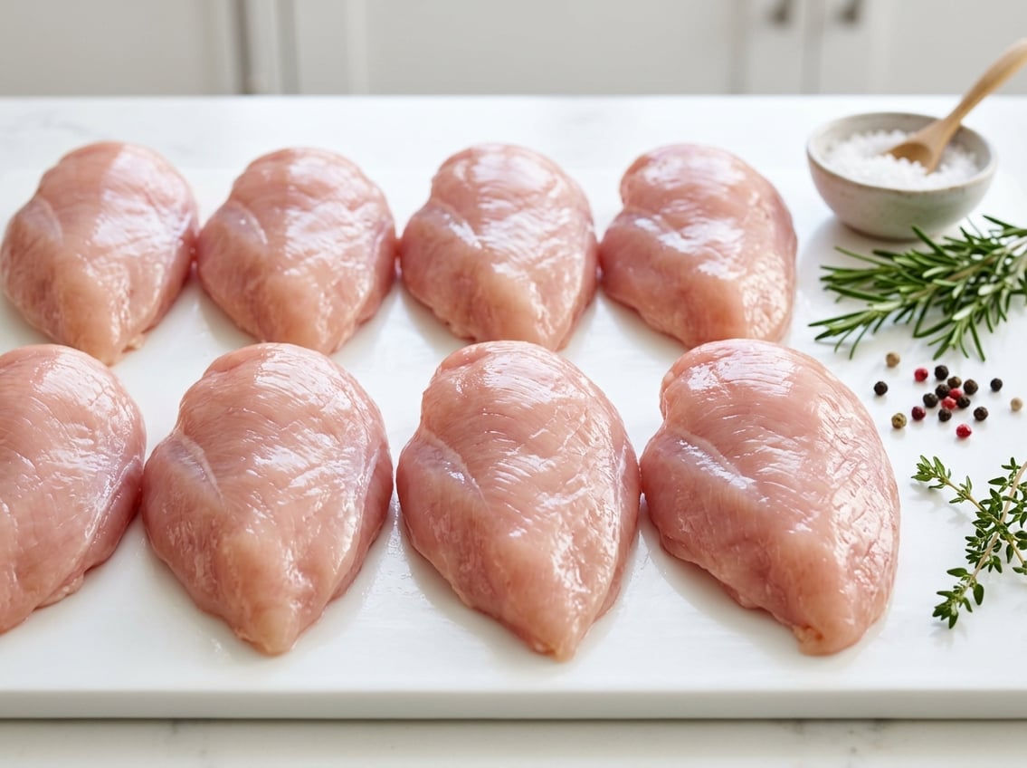 Raw chicken breasts neatly arranged on a white surface with herbs and seasonings nearby.