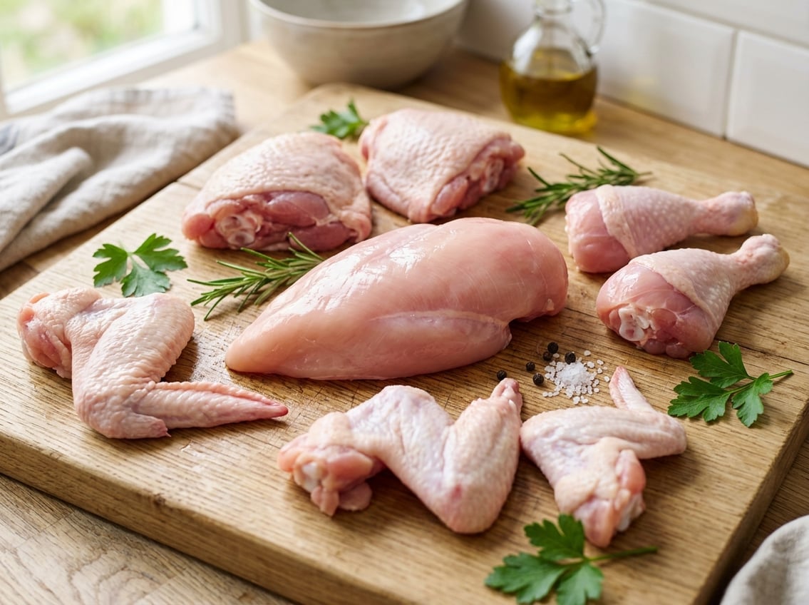 Close-up of various raw chicken cuts including a chicken breast, thighs, drumsticks, and wings arranged on a wooden cutting board with fresh herbs nearby.