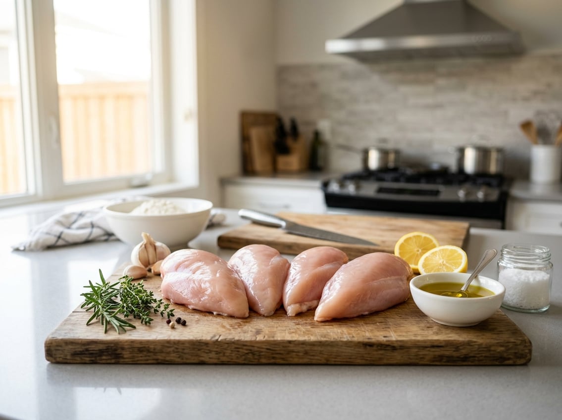 Fresh raw chicken breasts on a wooden cutting board surrounded by herbs, garlic, lemon slices, and olive oil in a bright kitchen setting.