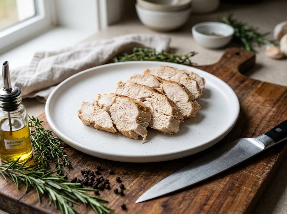 Close-up of sliced cooked chicken breast on a plate with kitchen utensils and fresh herbs nearby.