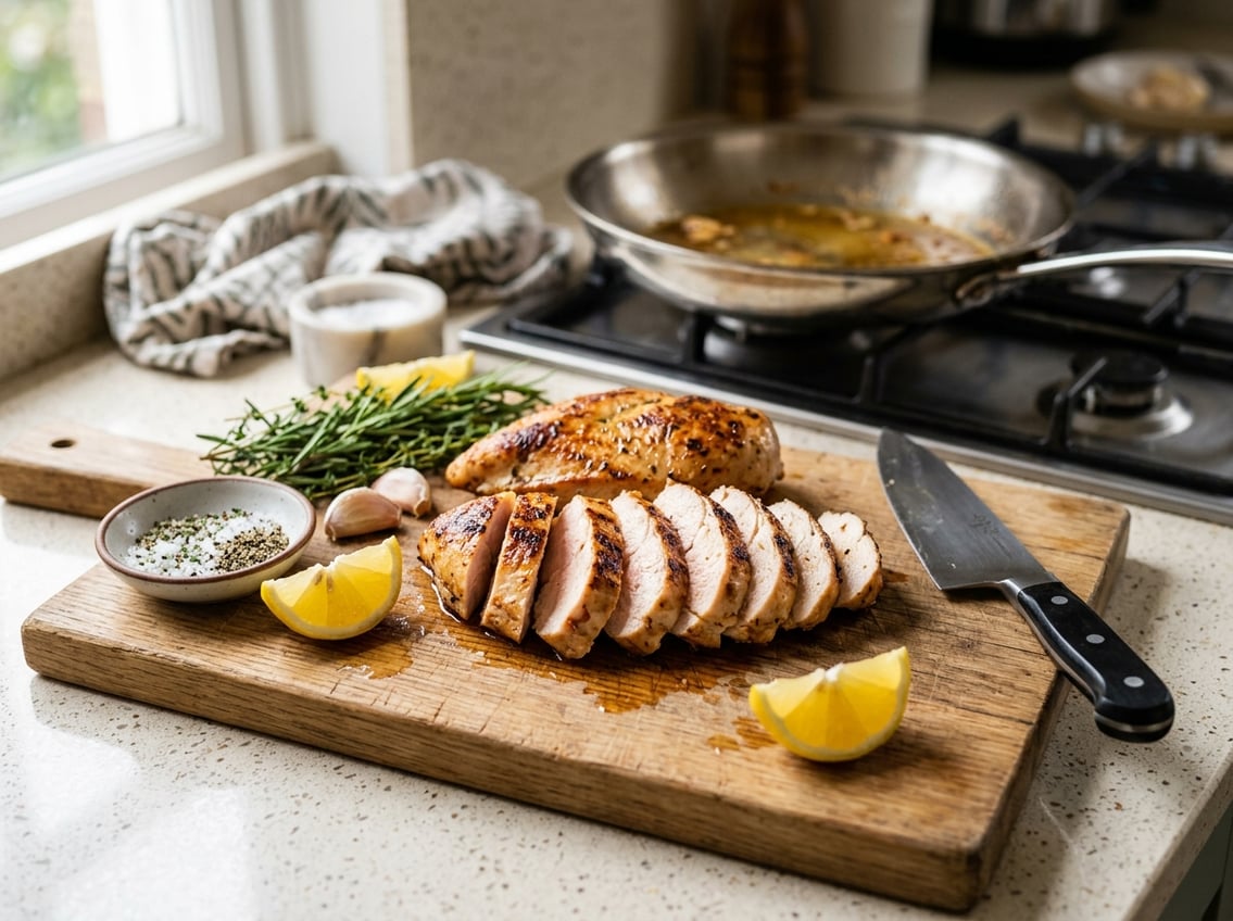 Close-up of a sliced cooked chicken breast on a cutting board with fresh herbs, garlic, lemon wedges, and a chef's knife nearby.