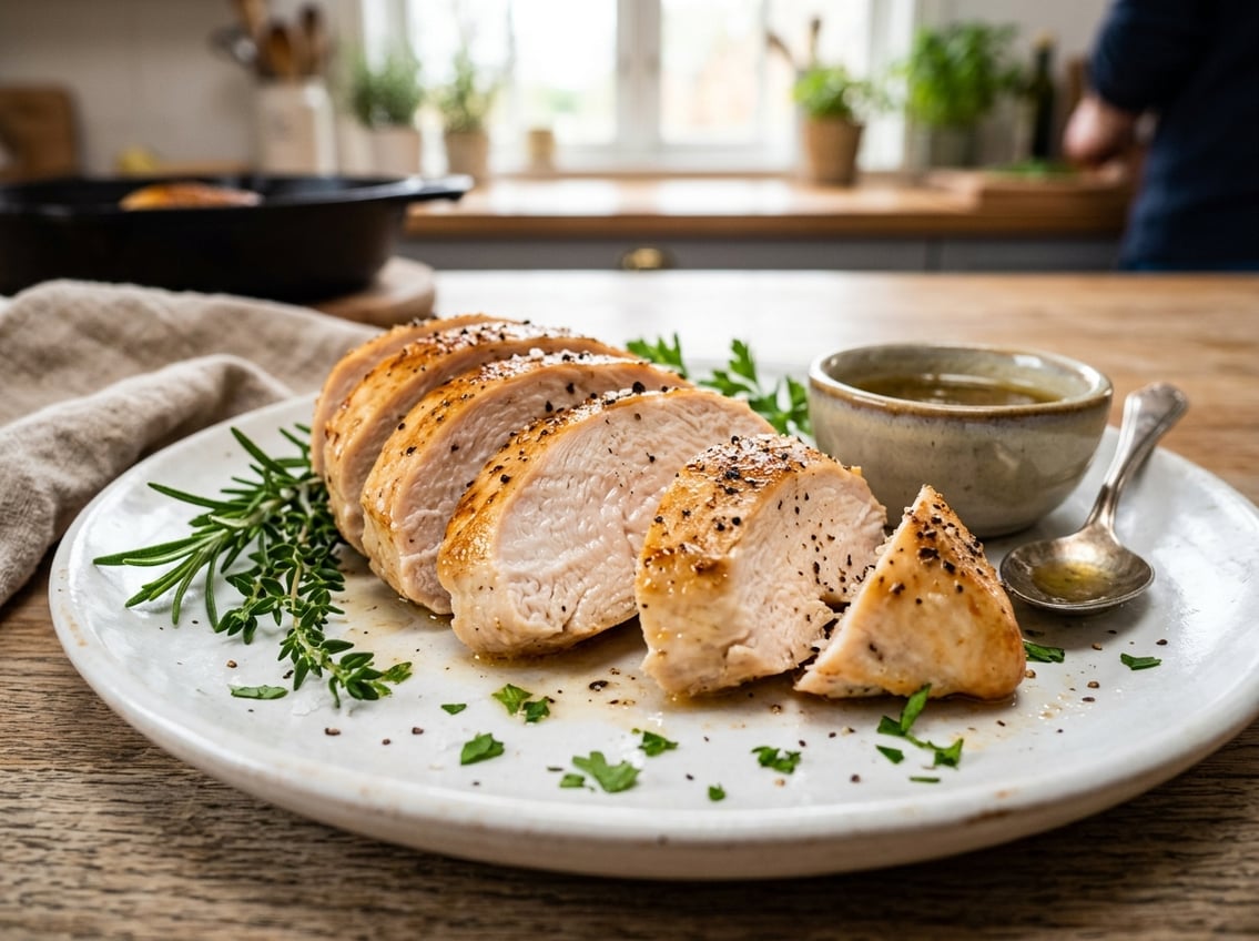A sliced chicken breast on a white plate garnished with fresh herbs and a small bowl of sauce on the side.