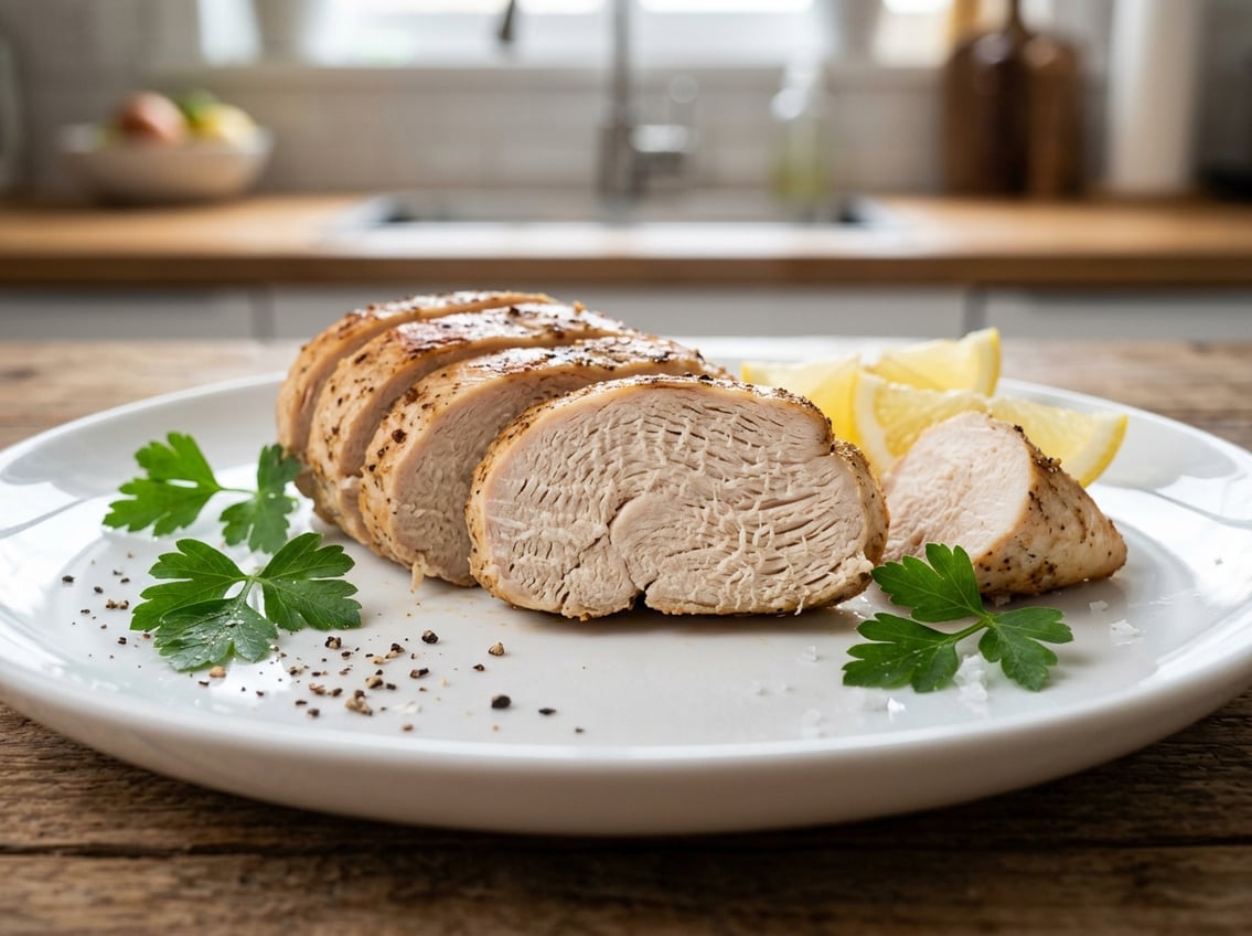 Sliced cooked chicken breast on a white plate with herbs and lemon wedges in a kitchen setting.