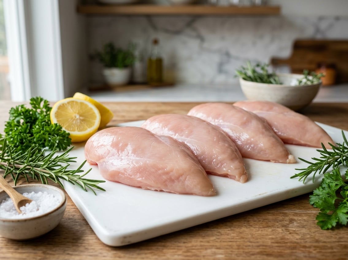 Close-up of trimmed chicken breasts on a white cutting board with fresh herbs and lemon in a kitchen setting.