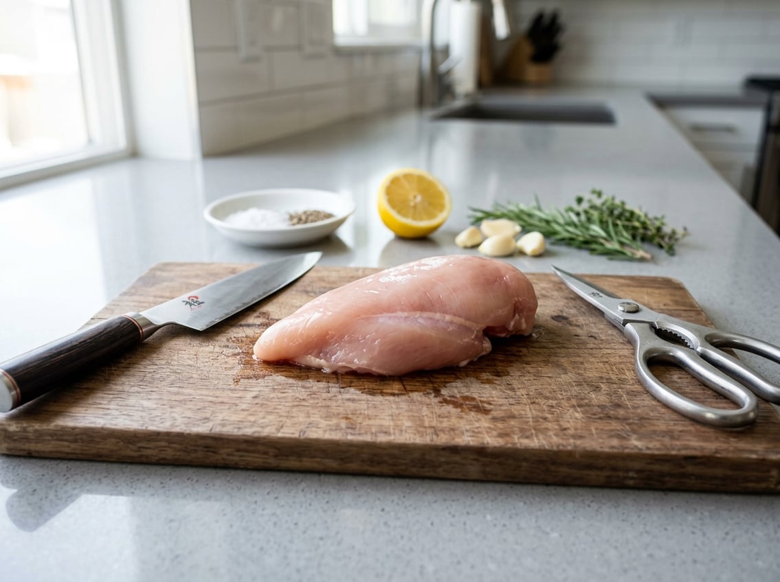A trimmed raw chicken breast on a wooden cutting board with kitchen tools and fresh herbs nearby on a clean countertop.