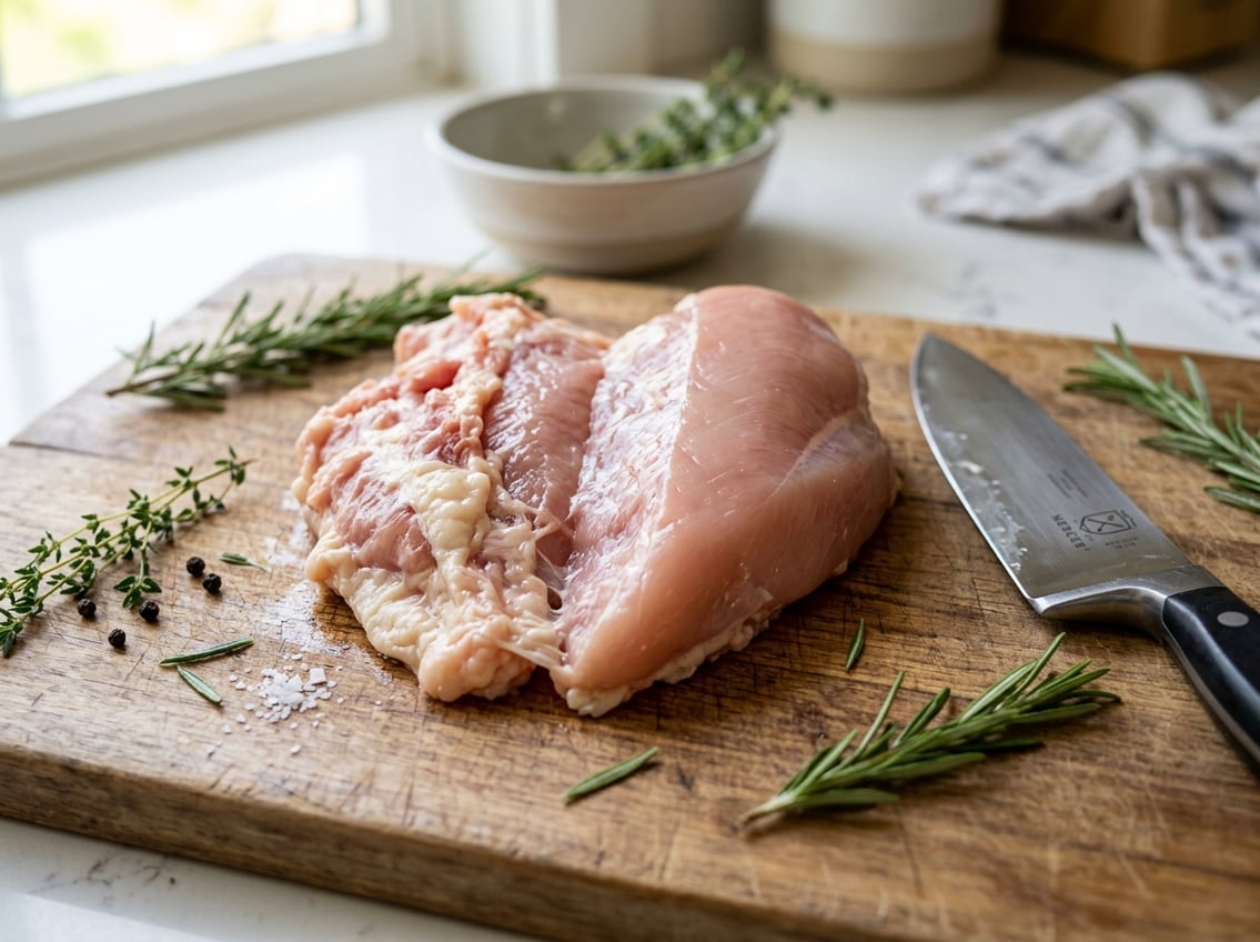 Close-up of a partially trimmed raw chicken breast on a wooden cutting board with a kitchen knife and fresh herbs nearby.