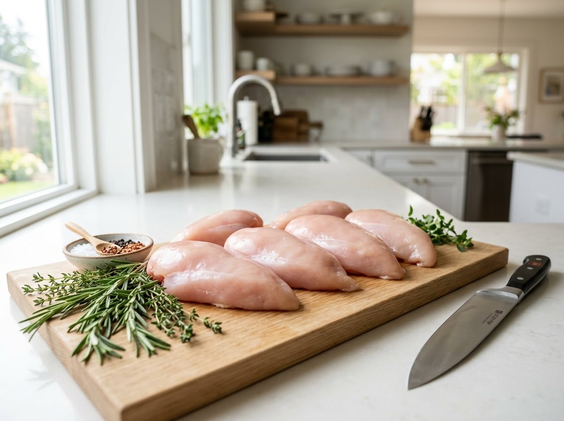 Close-up of neatly trimmed raw chicken breasts on a cutting board with fresh herbs and a kitchen knife nearby.