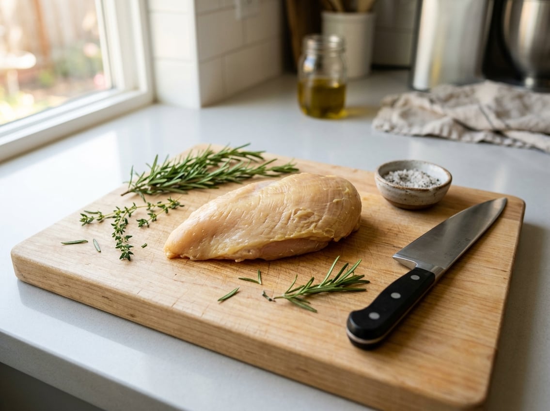 Raw chicken breast on a wooden cutting board with herbs and a knife in a kitchen.