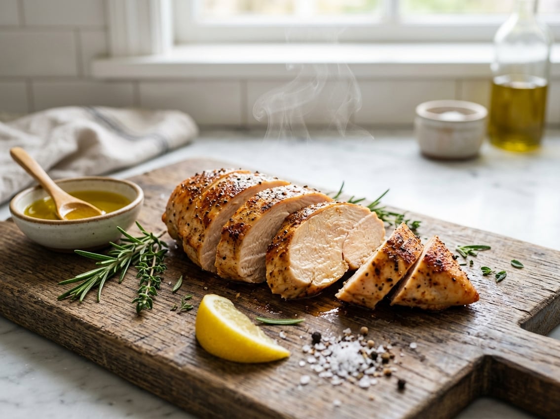 Sliced juicy chicken breast on a wooden cutting board with fresh herbs, lemon wedge, and olive oil in a bright kitchen.