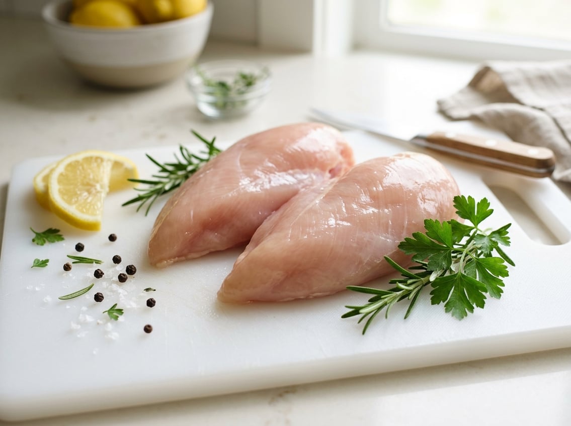 Fresh raw chicken breasts on a white cutting board with herbs and lemon slices on a kitchen countertop.