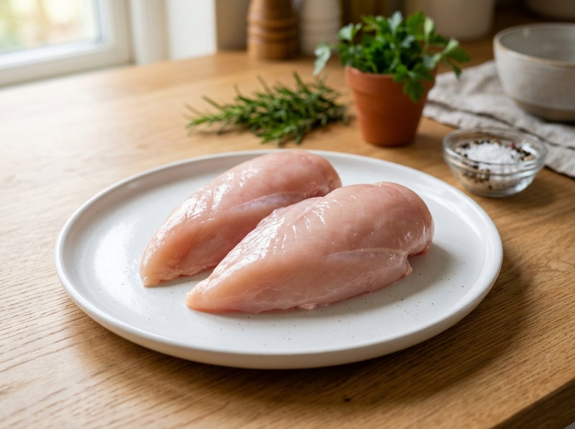 Raw chicken breasts on a white plate with fresh herbs and salt on a wooden countertop.