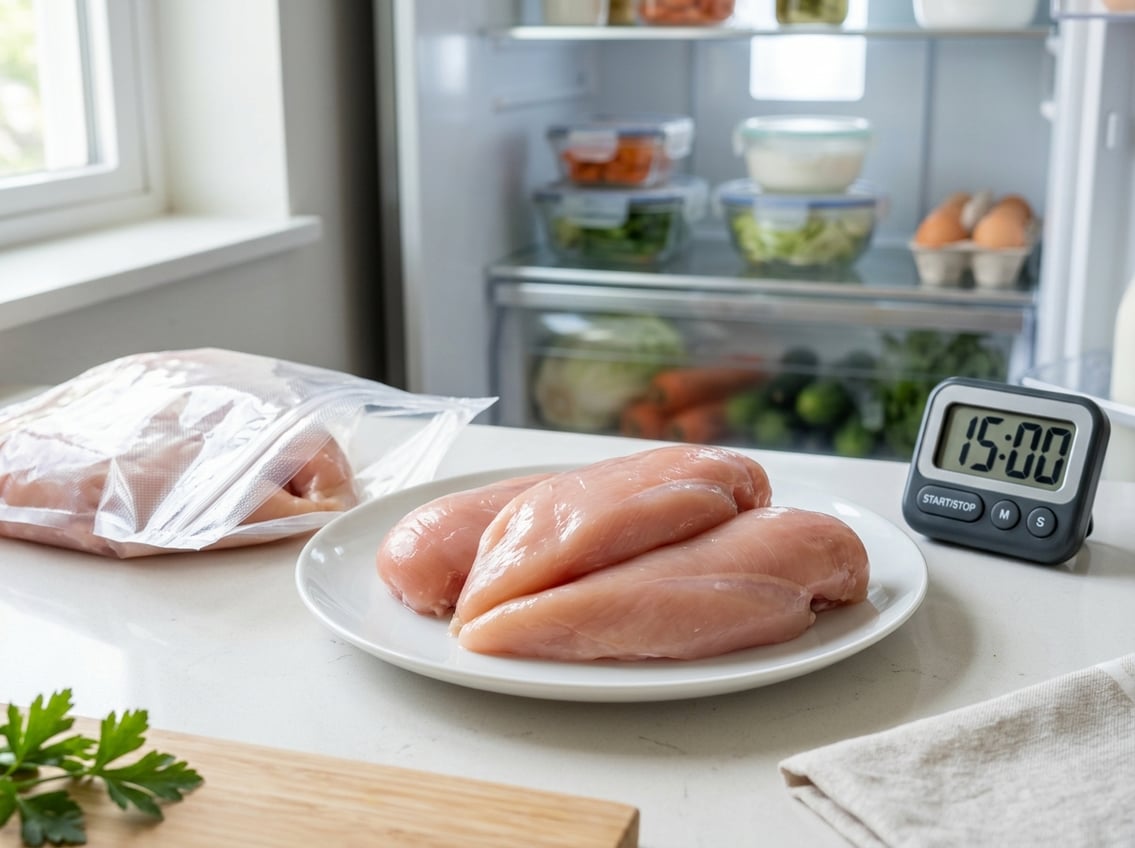 Fresh raw chicken breasts on a white plate with vacuum-sealed packaging, a kitchen timer, and a refrigerator shelf in the background.