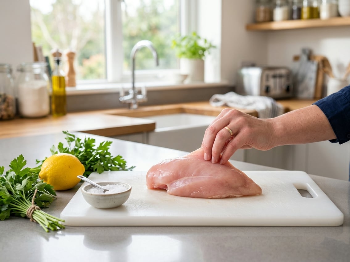 A hand inspecting a raw chicken breast on a cutting board in a bright kitchen with fresh herbs and lemon nearby.