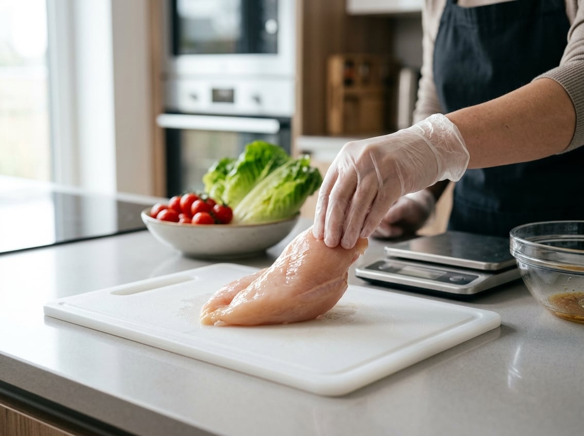 A raw chicken breast on a white cutting board being held by a gloved hand in a clean kitchen setting.