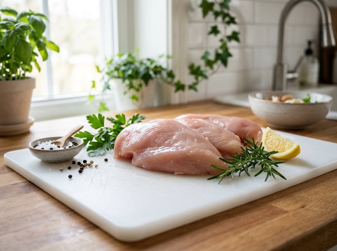 Close-up of raw chicken breasts on a white cutting board with fresh herbs and lemon in a bright kitchen.