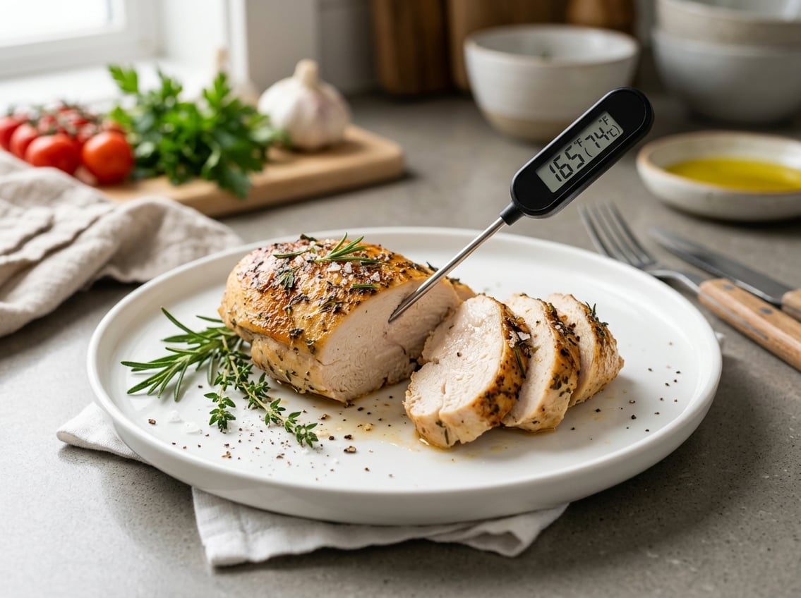 A cooked chicken breast sliced on a plate with a digital meat thermometer showing the internal temperature, garnished with fresh herbs on a kitchen countertop.